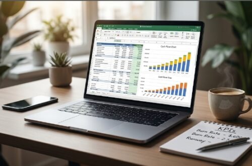 startup booted financial modeling dashboard showing cash flow projections and runway analysis