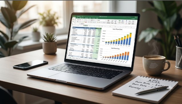 startup booted financial modeling dashboard showing cash flow projections and runway analysis